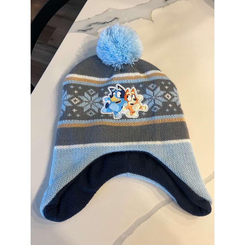 Bluey and Bingo Kids Winter Beanie Hat with Pom Pom Snowflake Pattern Ear‎ Flaps
